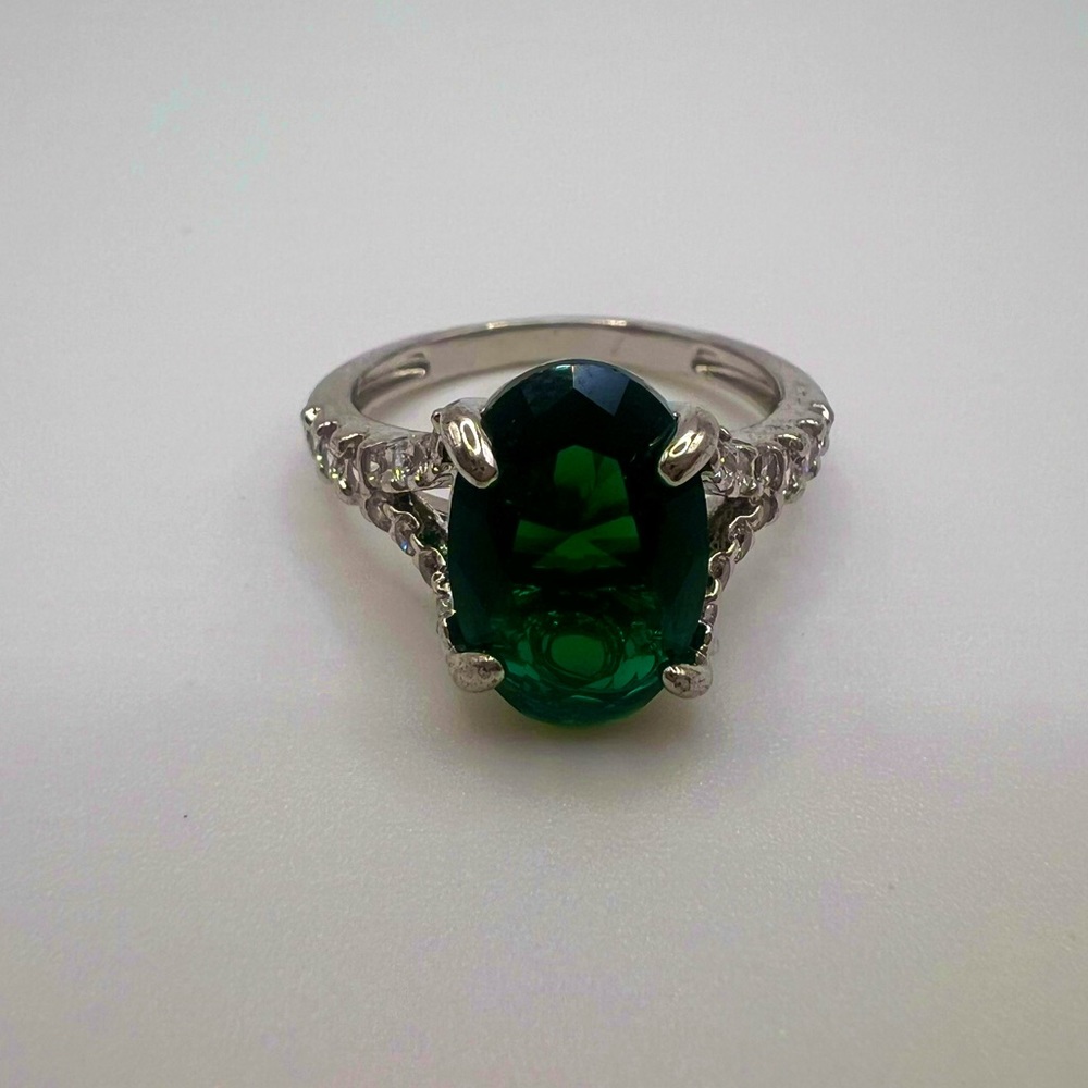 Emerald & Diamond Simulant Ring Silver Tone, Size… - image 1